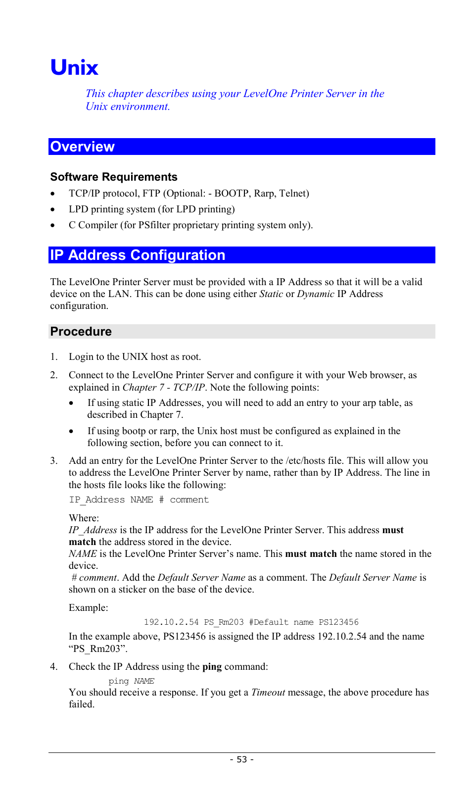 Unix, Overview, Ip address configuration | Overview ip address configuration | LevelOne FPS-2013TXU User Manual | Page 56 / 101