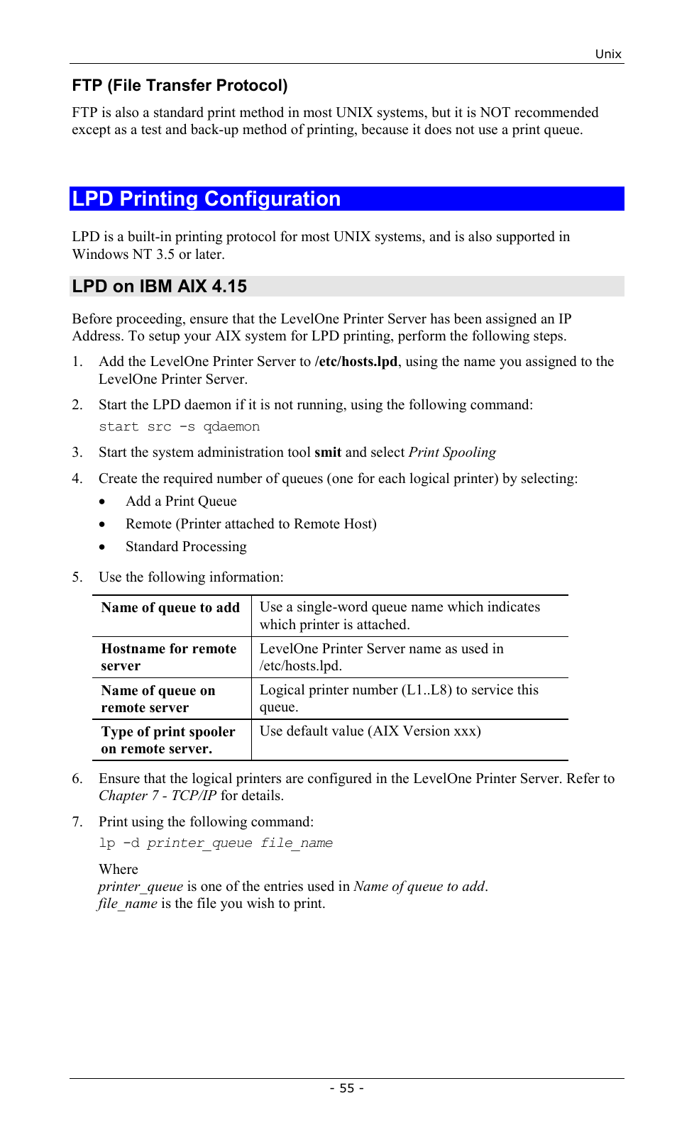 Lpd printing configuration, Lpd on ibm aix 4.15 | LevelOne FPS-2013TXU User Manual | Page 58 / 101