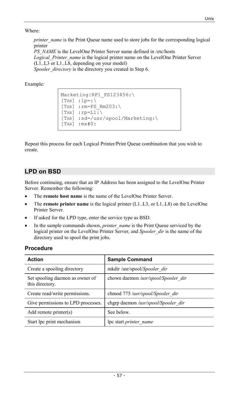 Lpd on bsd, Procedure | LevelOne FPS-2013TXU User Manual | Page 60 / 101