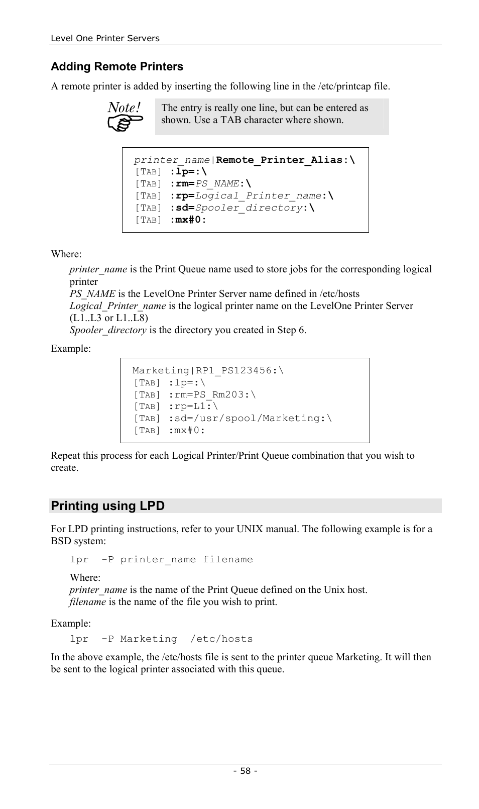 Printing using lpd, Adding remote printers | LevelOne FPS-2013TXU User Manual | Page 61 / 101
