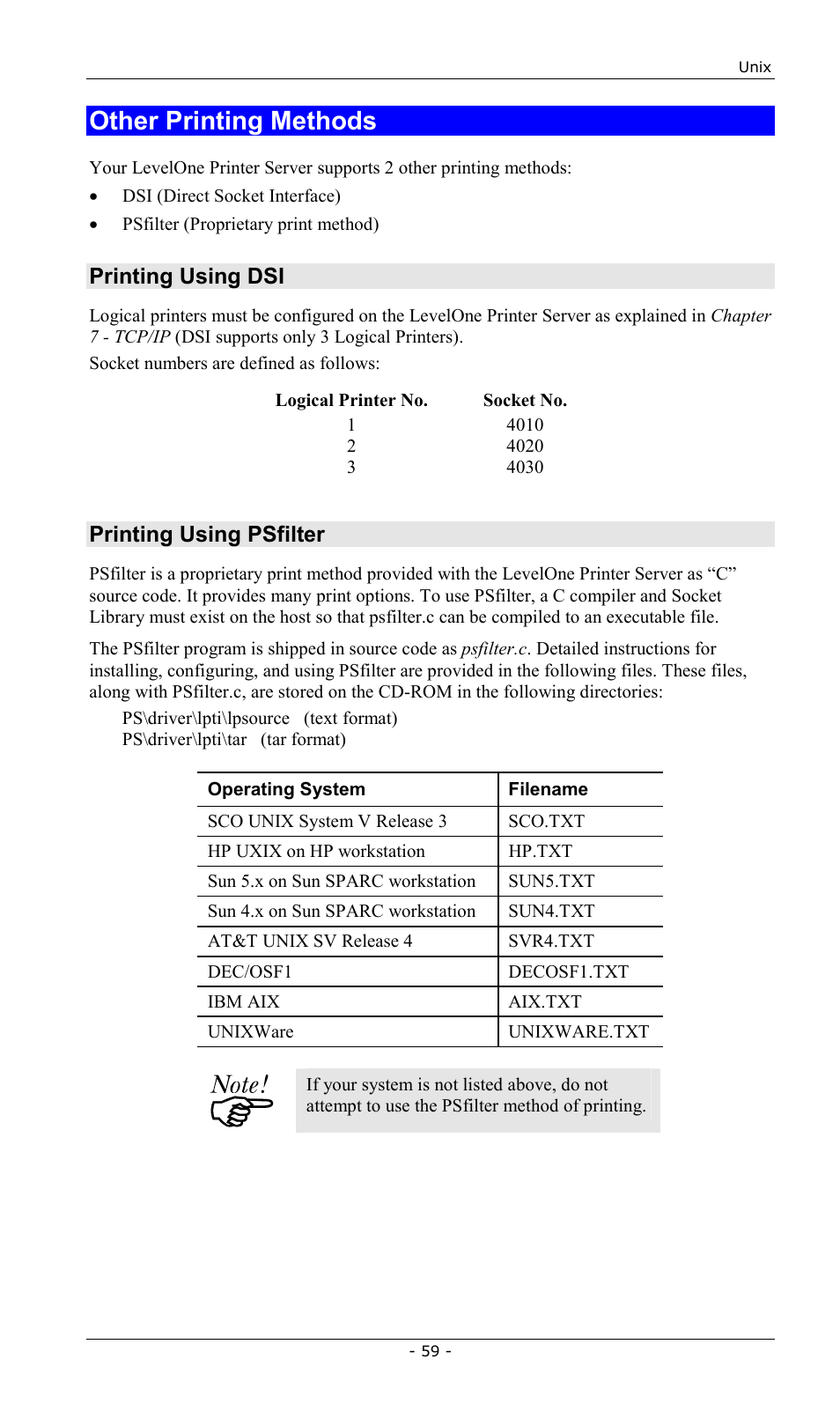 Other printing methods, Printing using dsi, Printing using psfilter | LevelOne FPS-2013TXU User Manual | Page 62 / 101