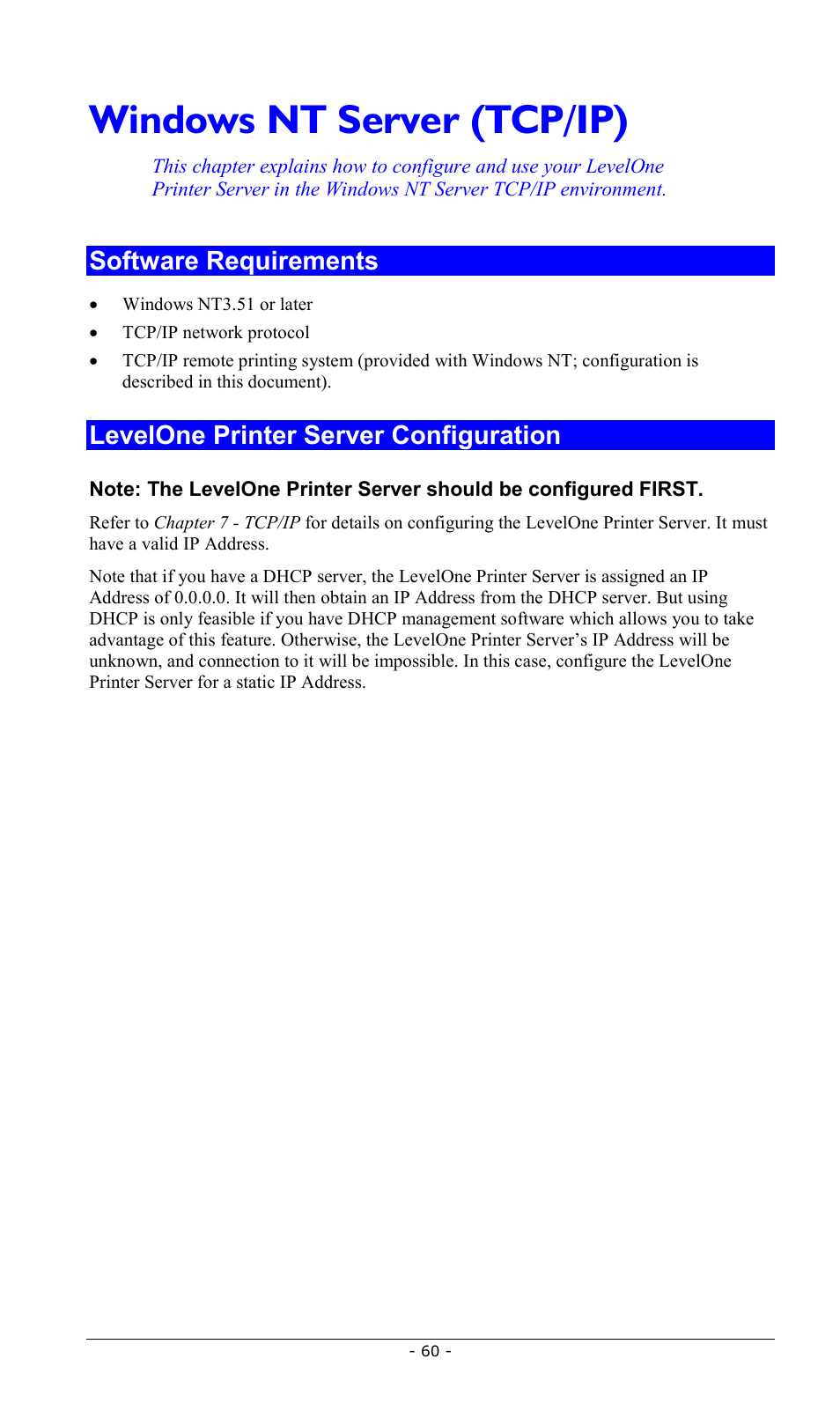 Windows nt server (tcp/ip), Software requirements, Levelone printer server configuration | LevelOne FPS-2013TXU User Manual | Page 63 / 101