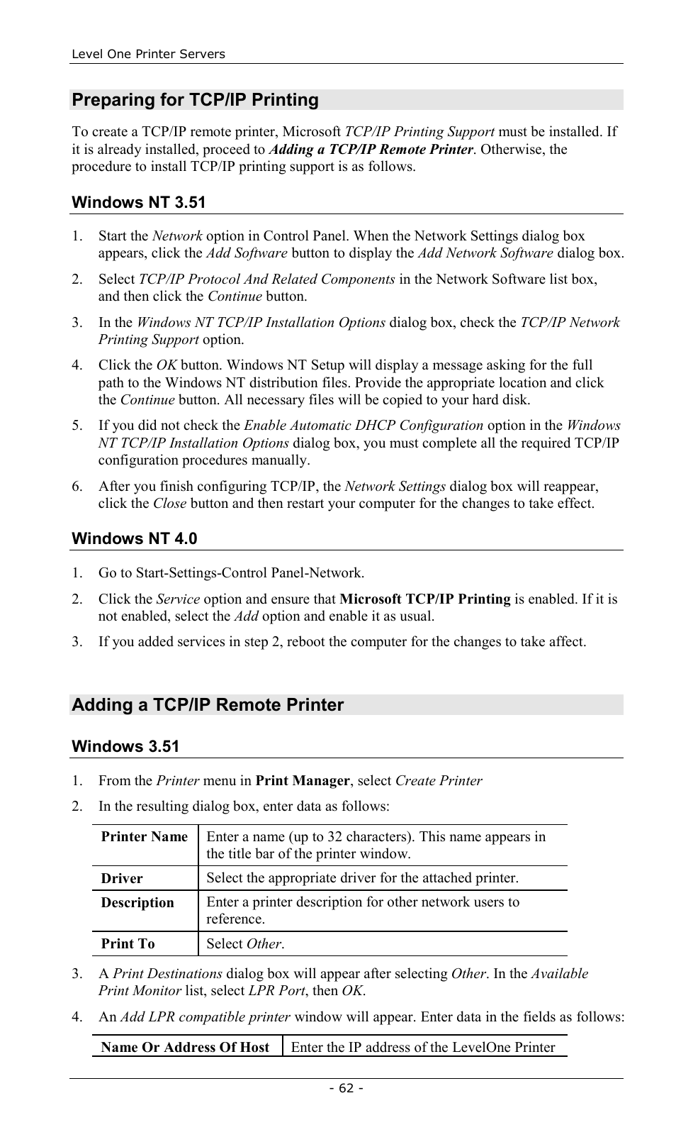 Preparing for tcp/ip printing, Adding a tcp/ip remote printer | LevelOne FPS-2013TXU User Manual | Page 65 / 101