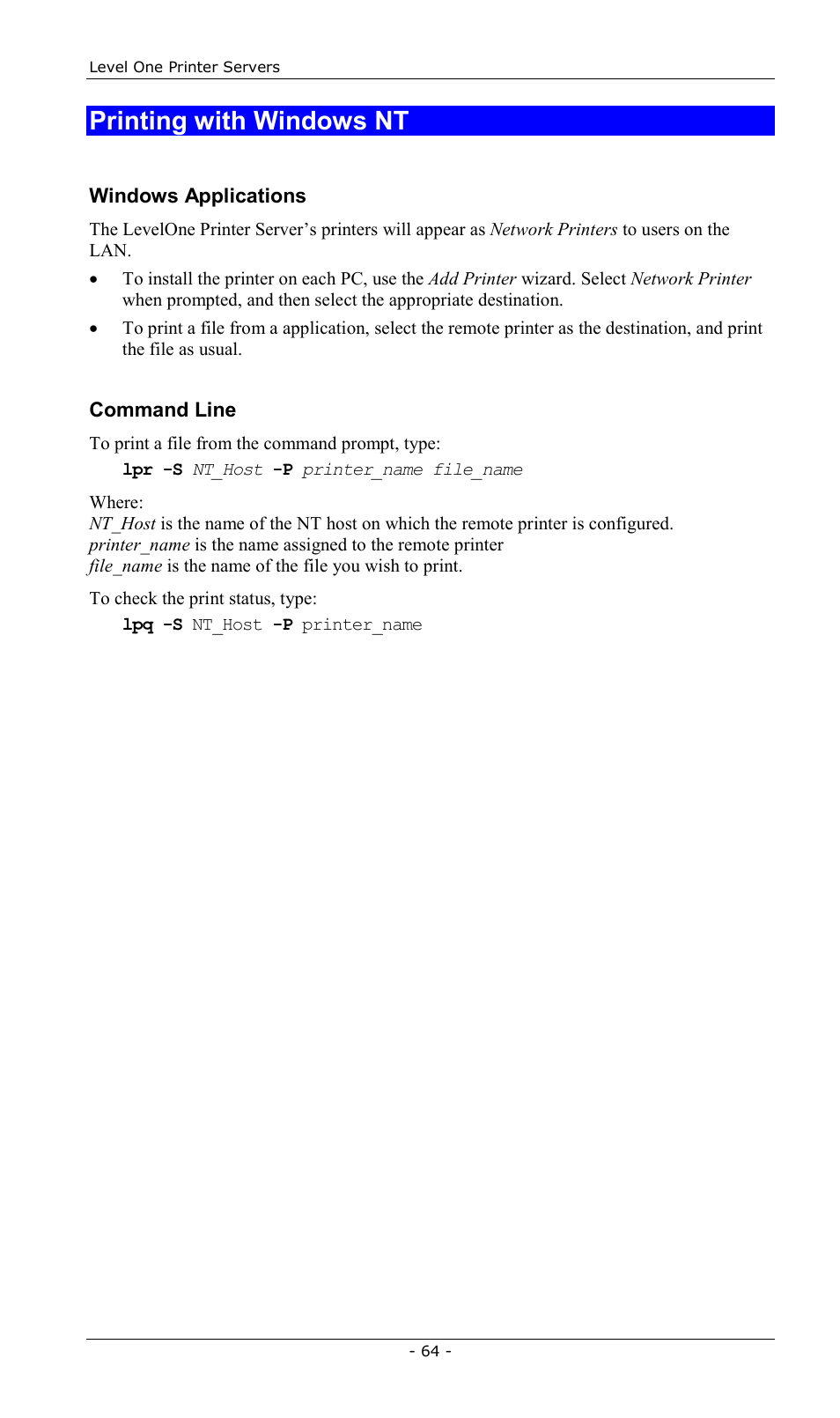 Printing with windows nt | LevelOne FPS-2013TXU User Manual | Page 67 / 101