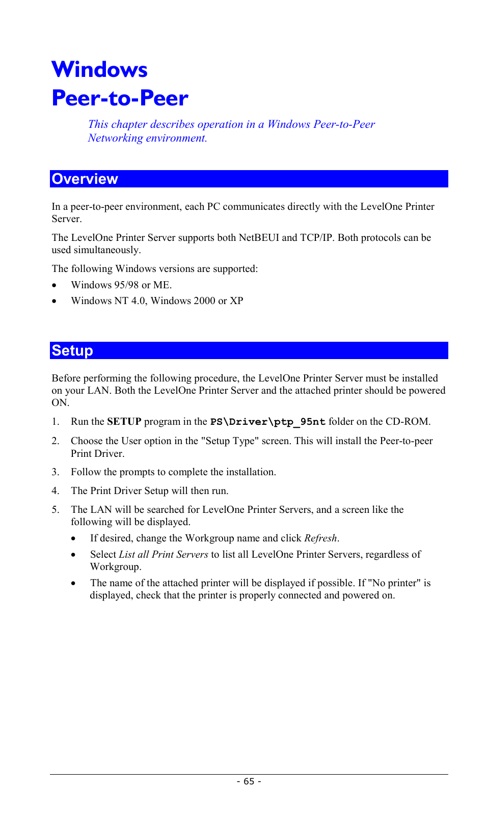 Windows peer-to-peer, Overview, Setup | Overview setup | LevelOne FPS-2013TXU User Manual | Page 68 / 101