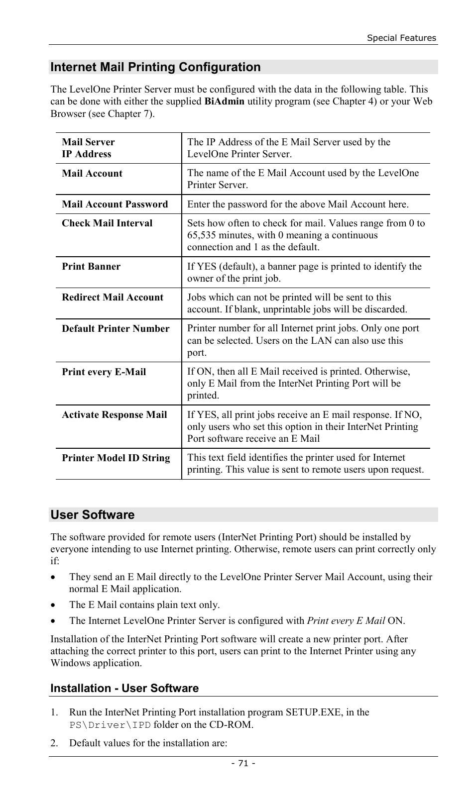 Internet mail printing configuration, User software | LevelOne FPS-2013TXU User Manual | Page 74 / 101