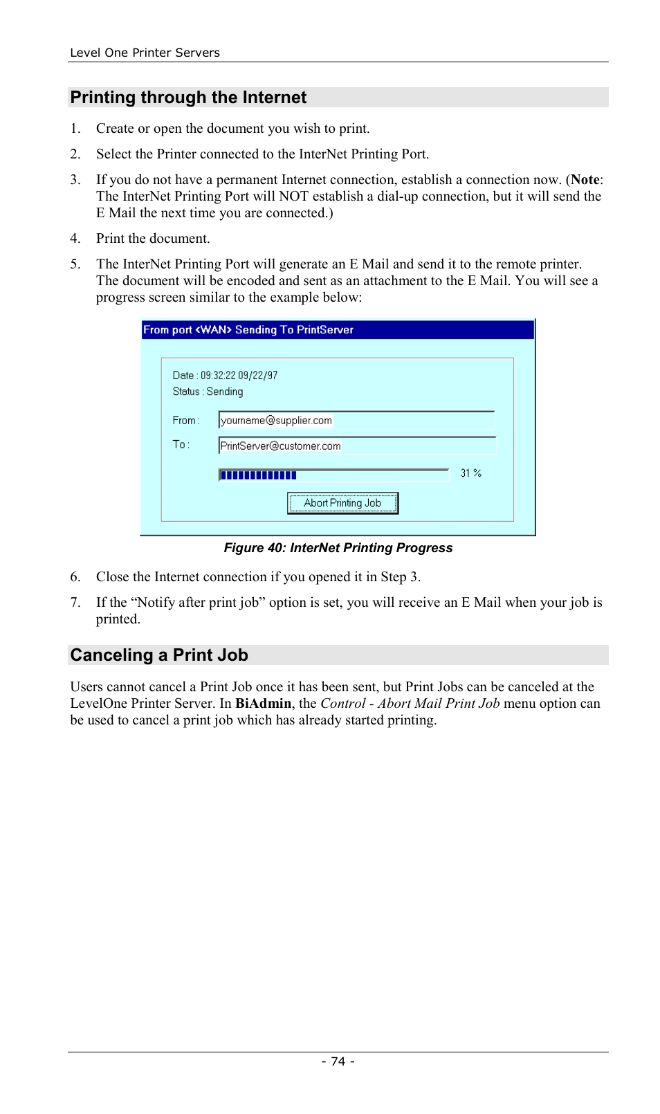 Printing through the internet, Canceling a print job | LevelOne FPS-2013TXU User Manual | Page 77 / 101