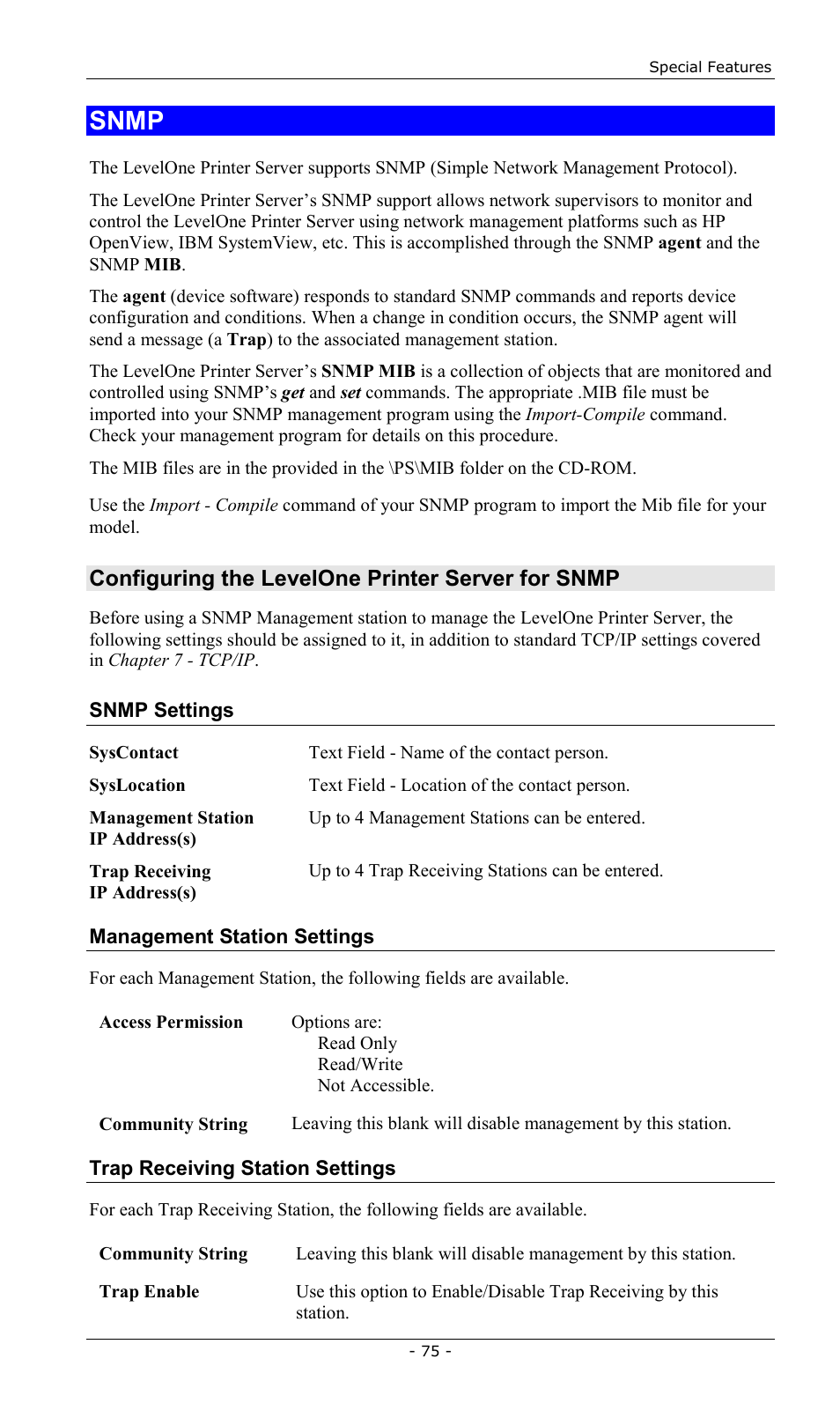 Snmp, Configuring the levelone printer server for snmp | LevelOne FPS-2013TXU User Manual | Page 78 / 101