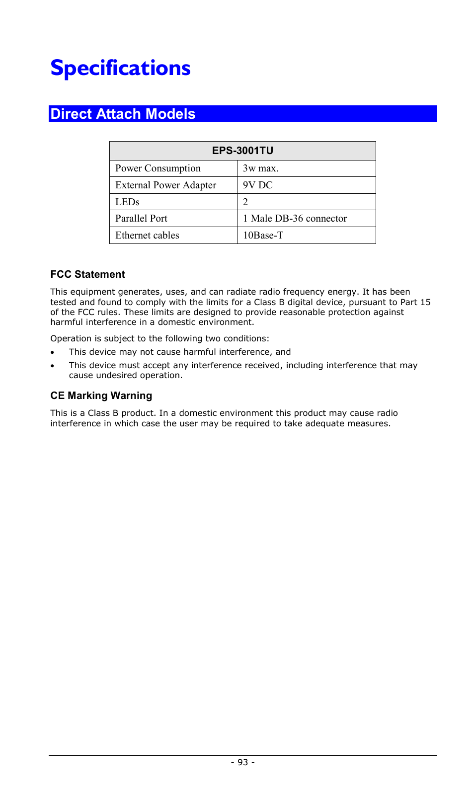 Specifications, Direct attach models | LevelOne FPS-2013TXU User Manual | Page 96 / 101