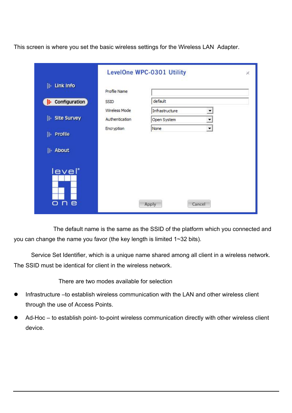 Onfiguration, Configuration | LevelOne WPC-0301 User Manual | Page 14 / 29