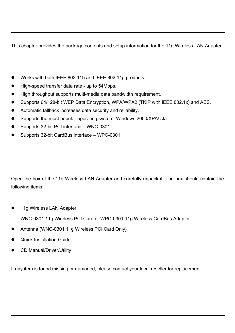 Unpacking and setup, Eatures, Ackage | Ontents, Features, Package contents | LevelOne WPC-0301 User Manual | Page 5 / 29