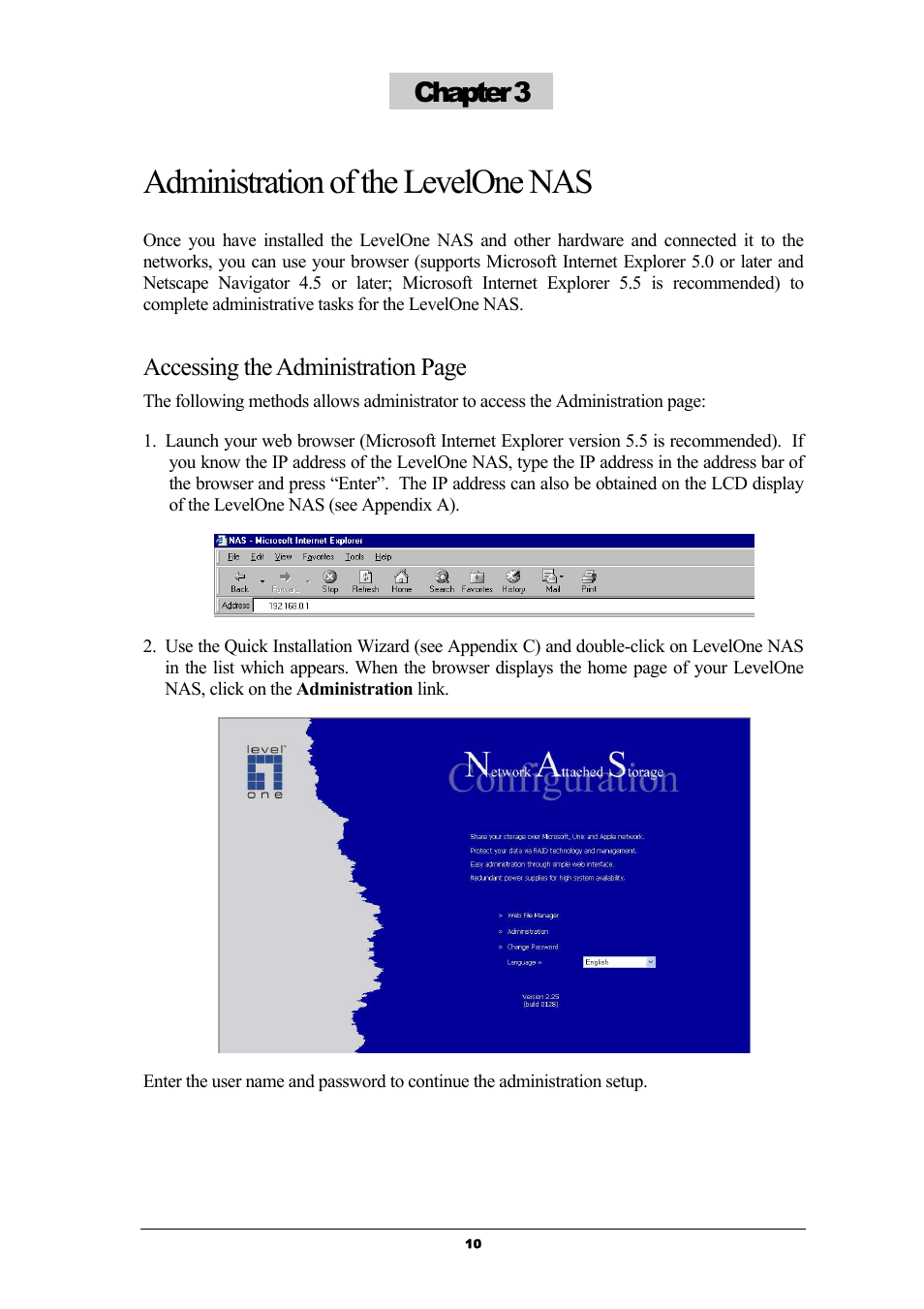 Administration of the levelone nas, Chapter 3, Accessing the administration page | LevelOne GNS-8000 User Manual | Page 11 / 42