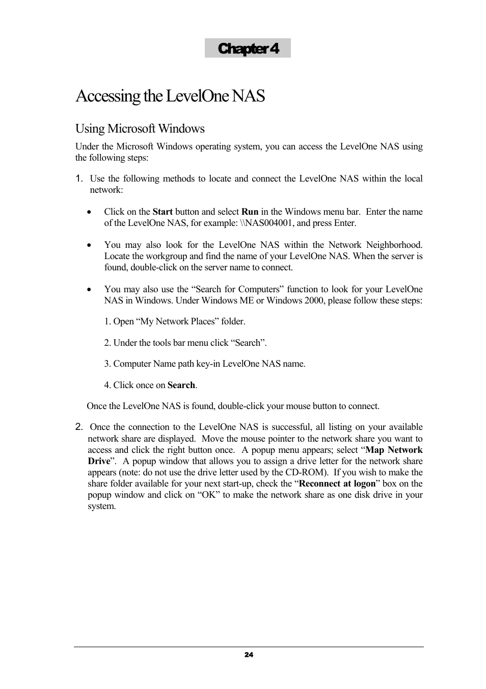 Accessing the levelone nas, Chapter 4, Using microsoft windows | LevelOne GNS-8000 User Manual | Page 25 / 42