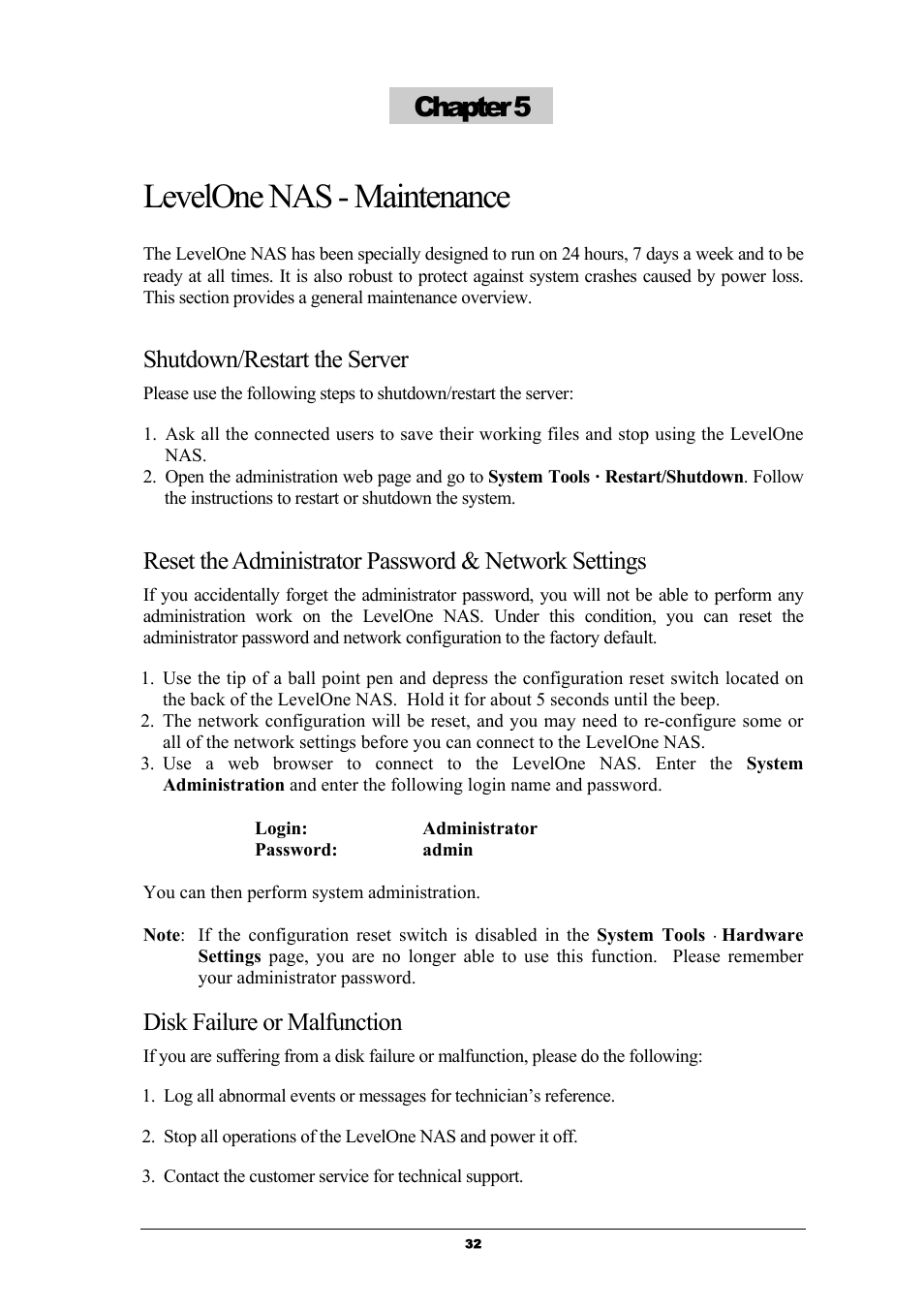 Levelone nas - maintenance, Chapter 5, Shutdown/restart the server | Disk failure or malfunction | LevelOne GNS-8000 User Manual | Page 33 / 42