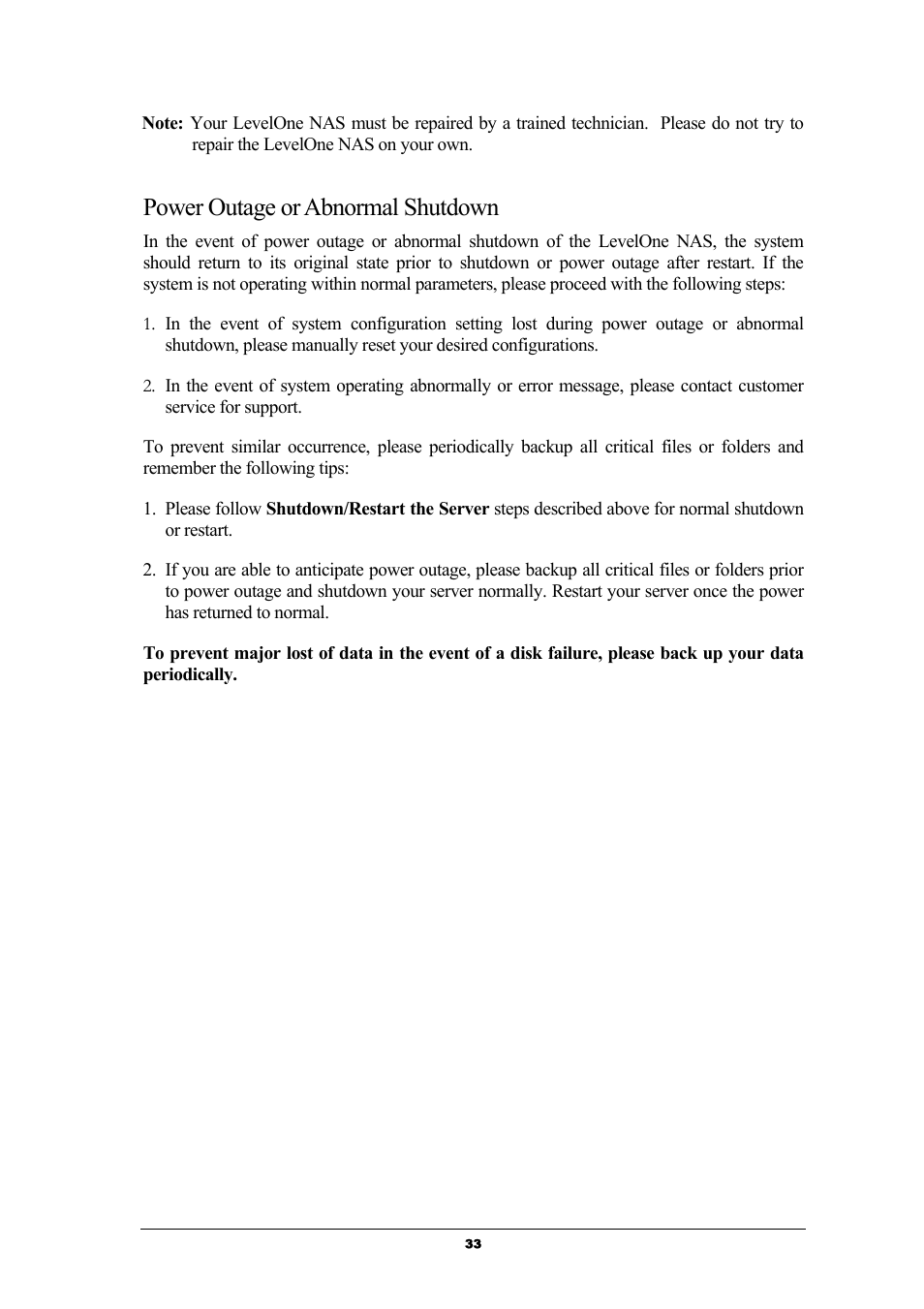 Power outage or abnormal shutdown | LevelOne GNS-8000 User Manual | Page 34 / 42