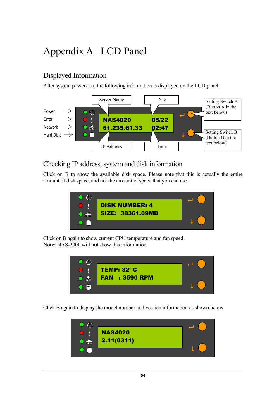 Appendix a lcd panel, Displayed information, Checking ip address, system and disk information | LevelOne GNS-8000 User Manual | Page 35 / 42