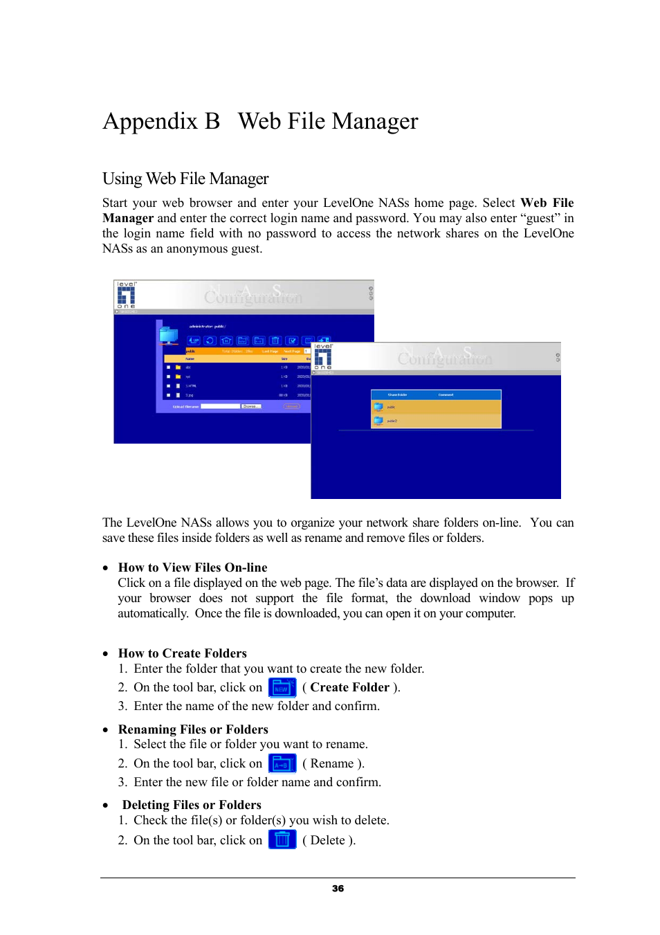 Appendix b web file manager, Using web file manager | LevelOne GNS-8000 User Manual | Page 37 / 42