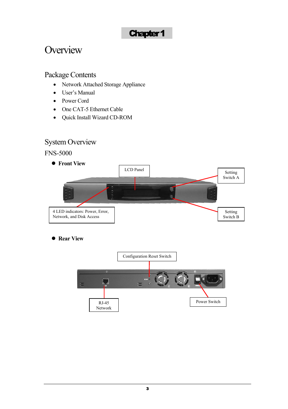 Overview, Chapter 1, Package contents | System overview, Fns-5000 | LevelOne GNS-8000 User Manual | Page 4 / 42