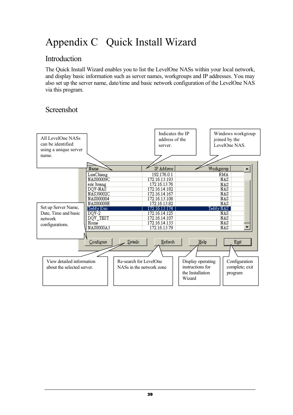 Appendix c quick install wizard, Introduction, Screenshot | LevelOne GNS-8000 User Manual | Page 40 / 42