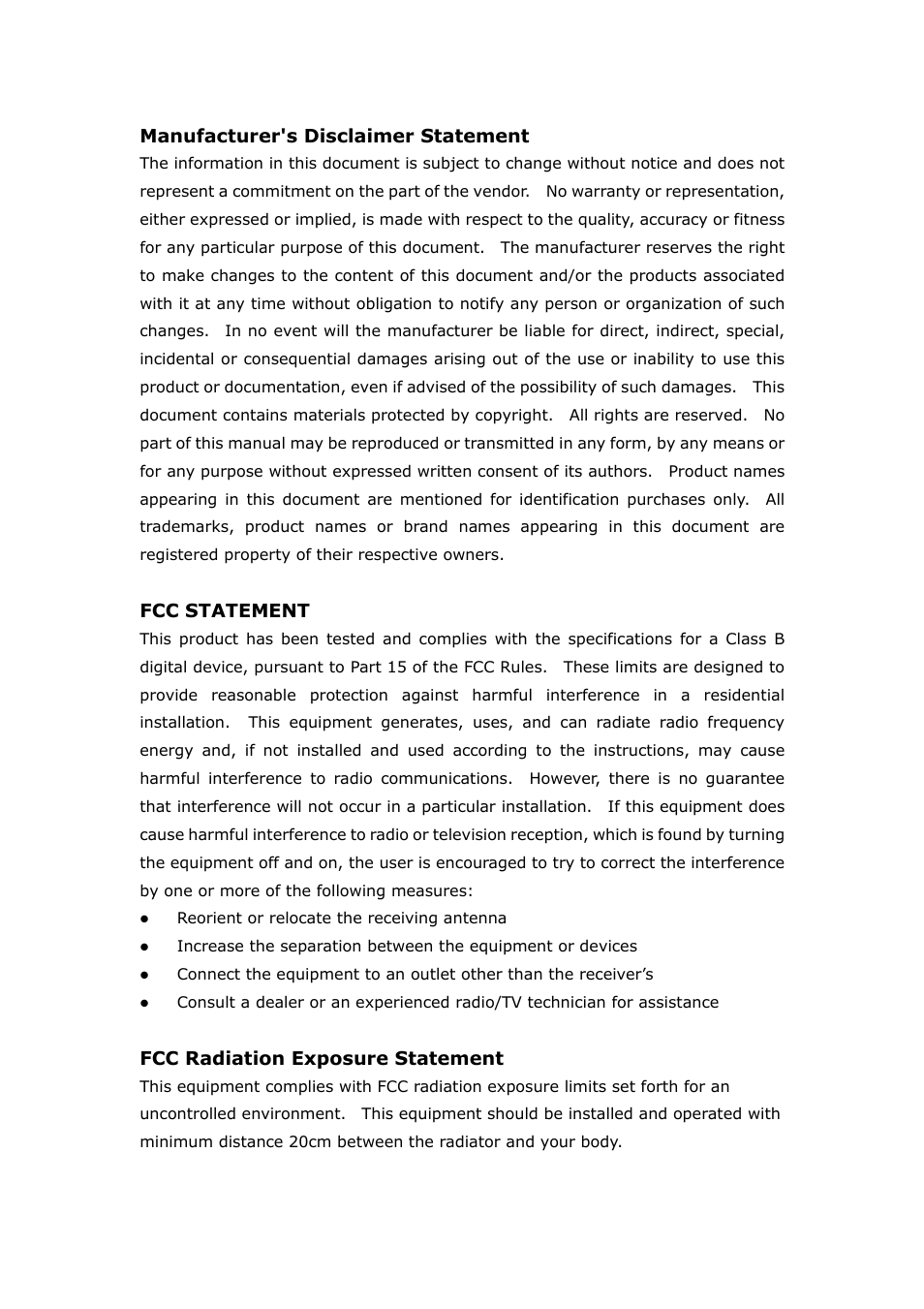 Manufacturer's disclaimer statement, Fcc statement, Fcc radiation exposure statement | LevelOne FreeCon WNC-0300 User Manual | Page 2 / 74
