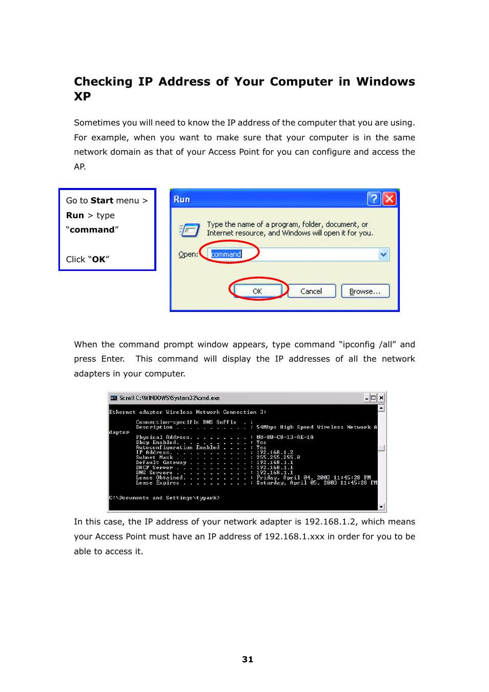 Checking ip address of your computer in windows xp | LevelOne FreeCon WNC-0300 User Manual | Page 32 / 74