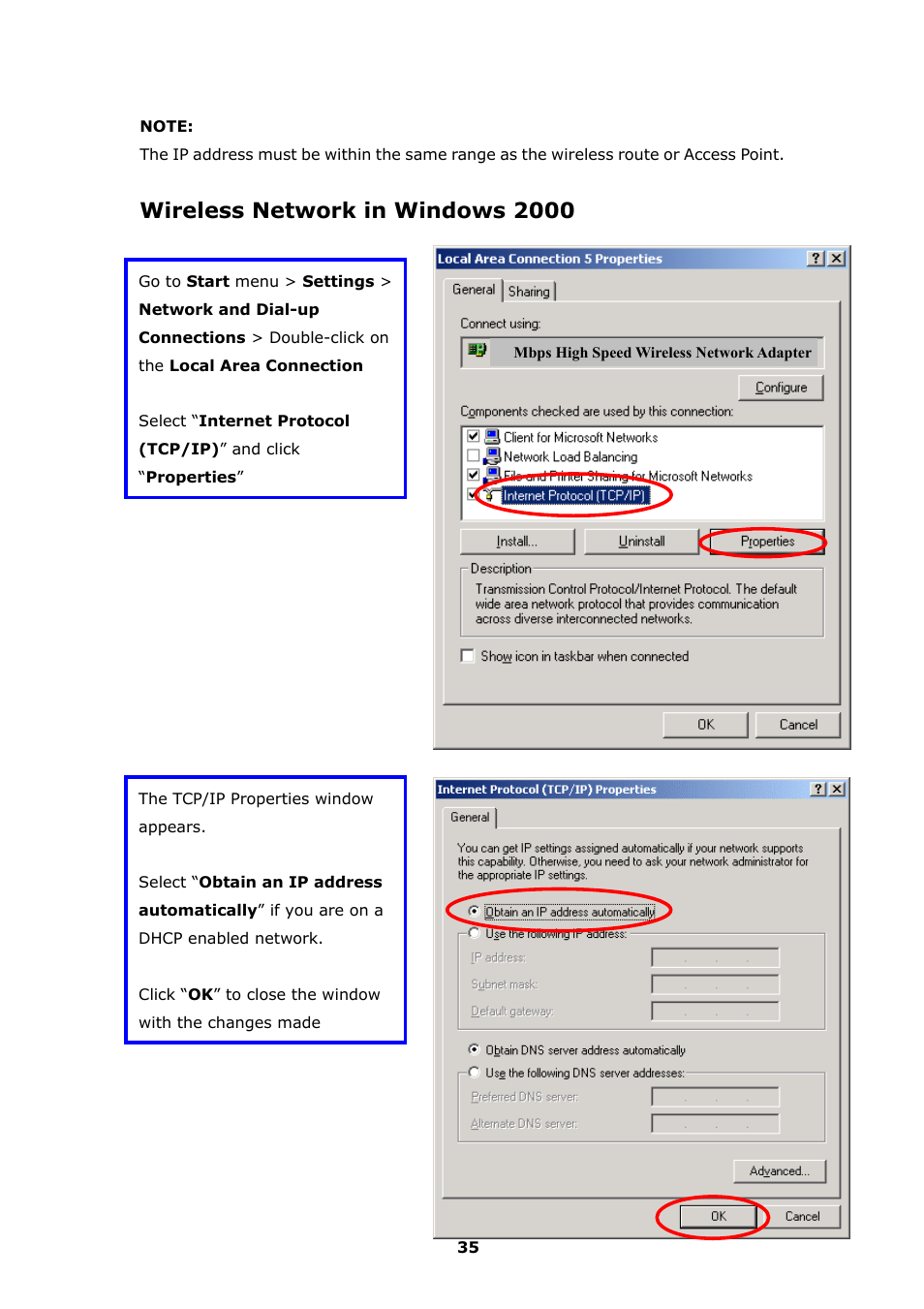 Wireless network in windows 2000 | LevelOne FreeCon WNC-0300 User Manual | Page 36 / 74
