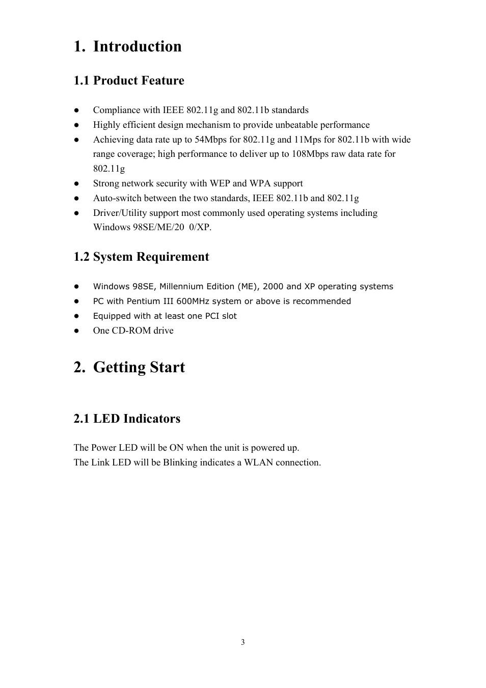 Introduction, 1 product, Feature | 2 system, Requirement, Getting, Start, 1 led, Indicators, Getting start | LevelOne FreeCon WNC-0300 User Manual | Page 4 / 74