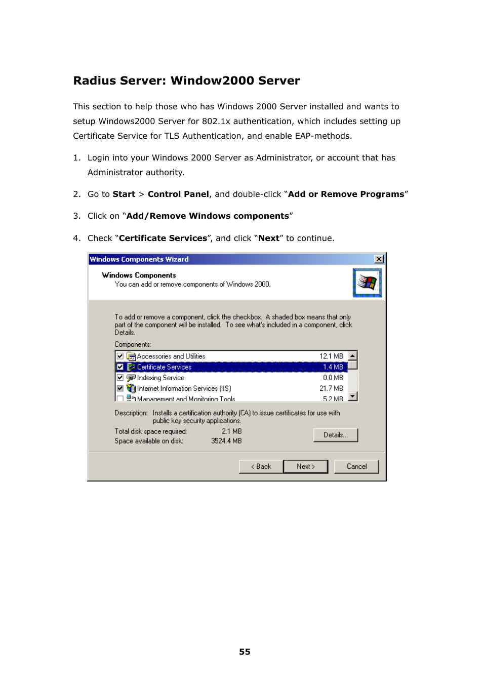 Radius server: window2000 server | LevelOne FreeCon WNC-0300 User Manual | Page 56 / 74