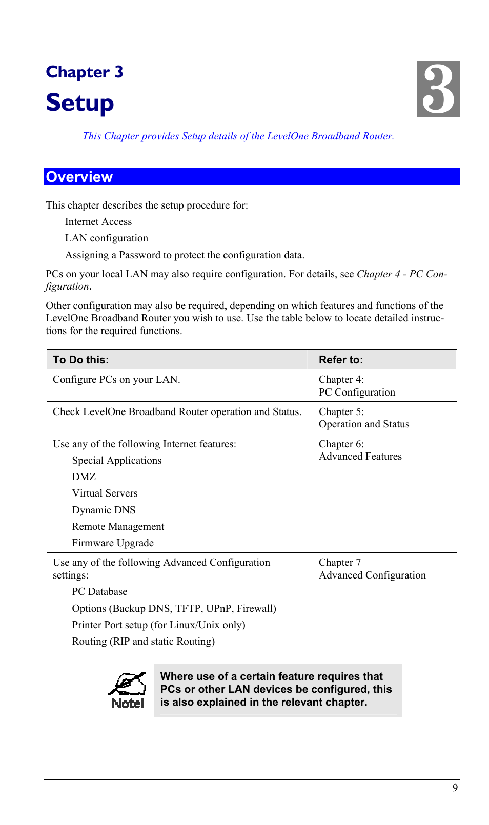 Chapter 3 setup, Overview, Setup | Chapter 3 | LevelOne FBR-1402TX User Manual | Page 12 / 92