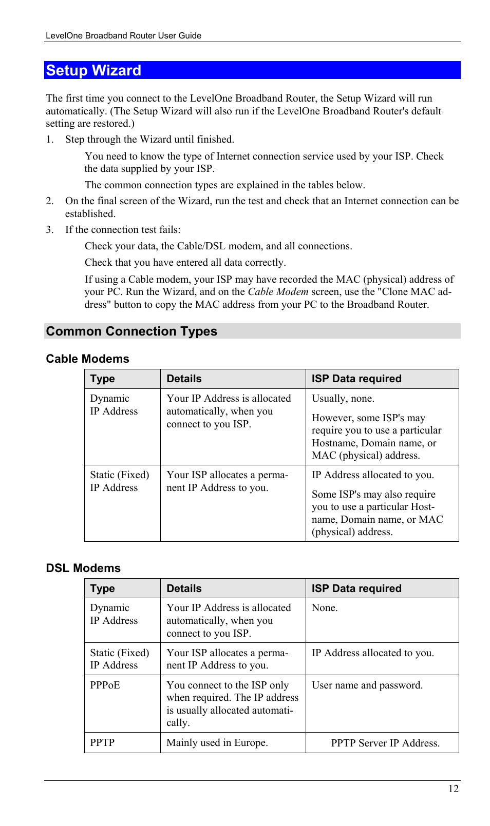 Setup wizard, Common connection types | LevelOne FBR-1402TX User Manual | Page 15 / 92