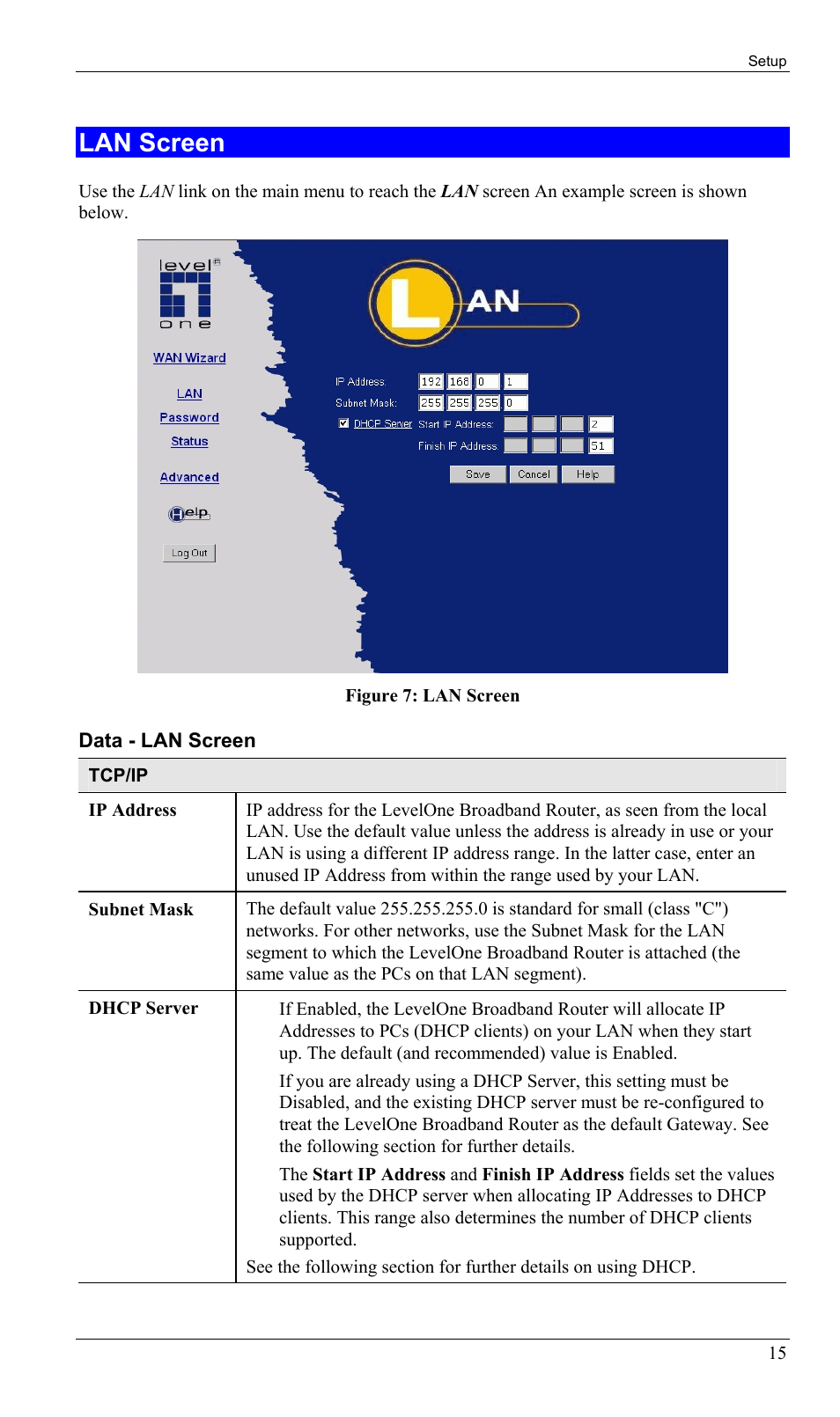 Lan screen | LevelOne FBR-1402TX User Manual | Page 18 / 92