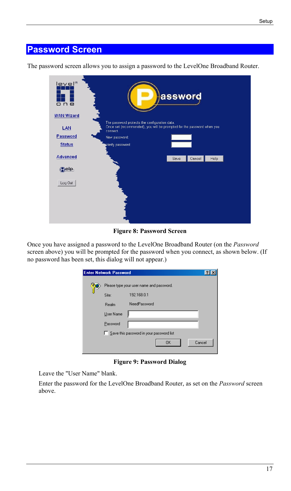 Password screen | LevelOne FBR-1402TX User Manual | Page 20 / 92