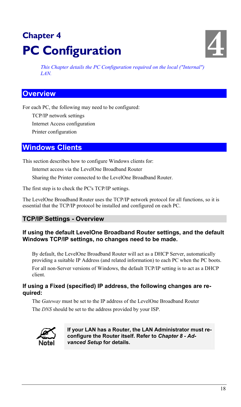 Chapter 4 pc configuration, Overview, Windows clients | Overview windows clients, Pc configuration, Chapter 4 | LevelOne FBR-1402TX User Manual | Page 21 / 92