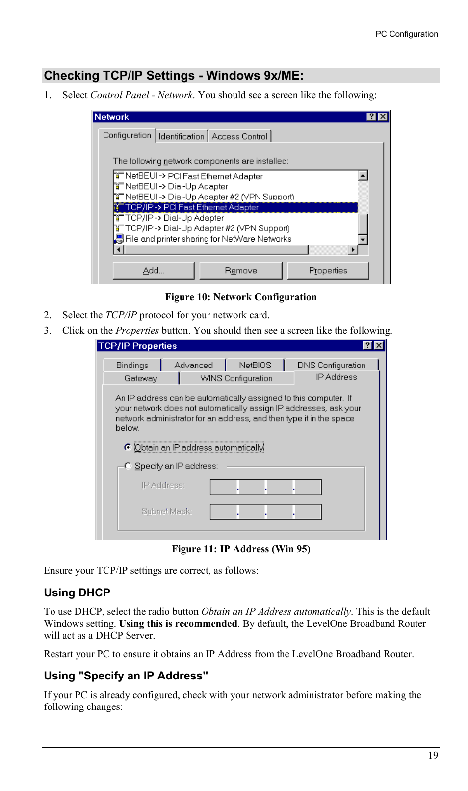 Checking tcp/ip settings - windows 9x/me | LevelOne FBR-1402TX User Manual | Page 22 / 92