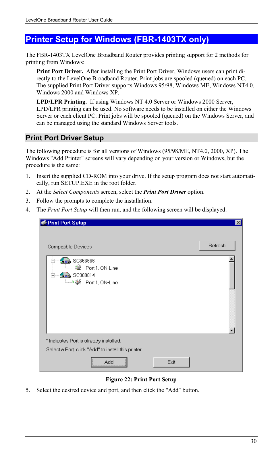 Printer setup for windows (fbr-1403tx only), Print port driver setup | LevelOne FBR-1402TX User Manual | Page 33 / 92