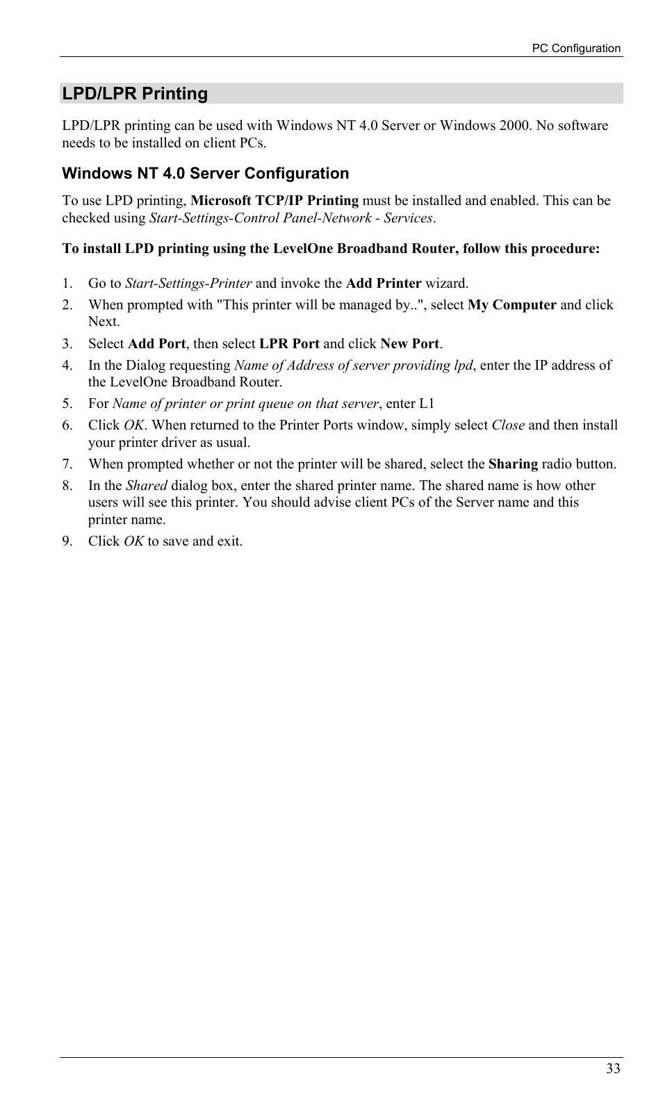 Lpd/lpr printing | LevelOne FBR-1402TX User Manual | Page 36 / 92