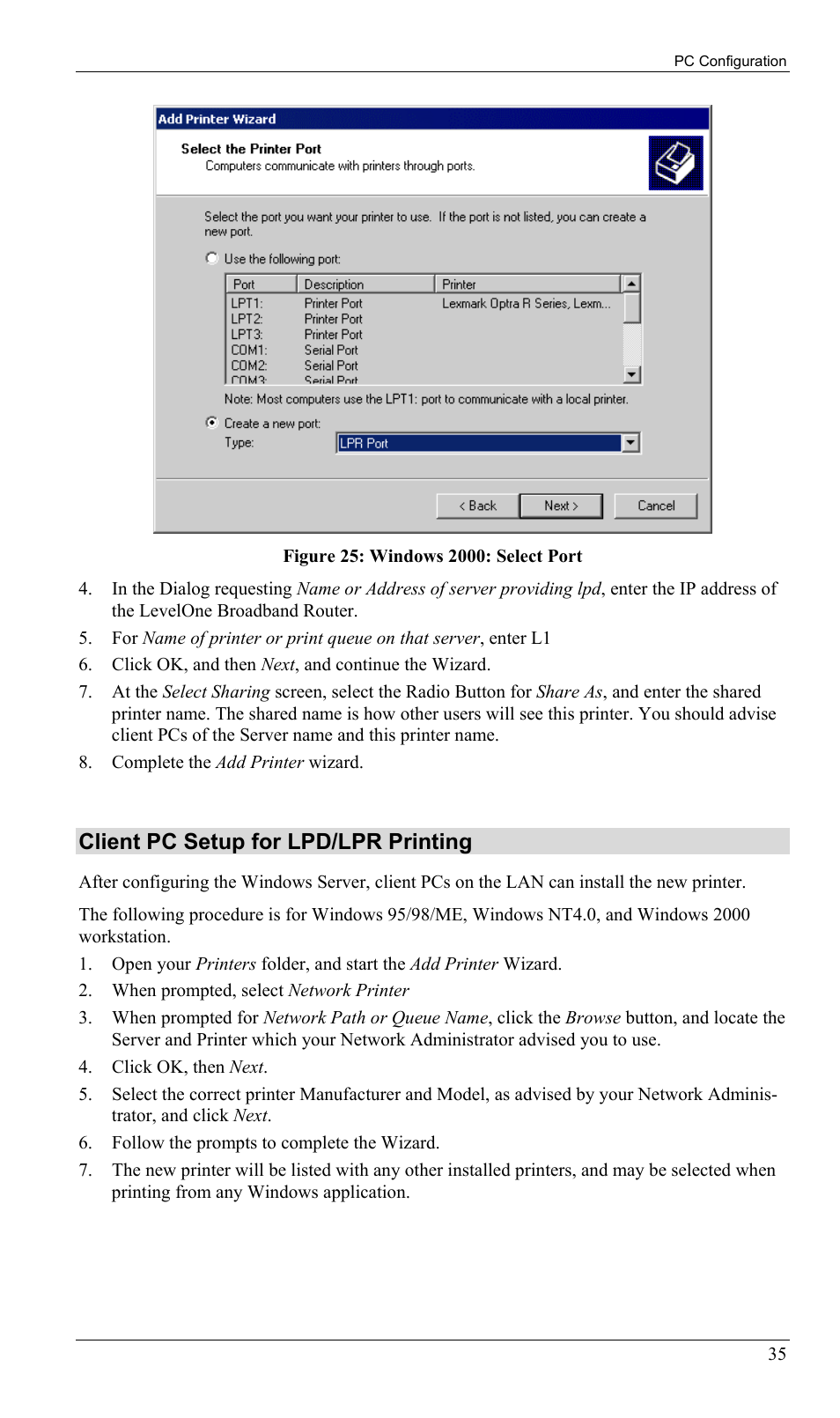 Client pc setup for lpd/lpr printing | LevelOne FBR-1402TX User Manual | Page 38 / 92