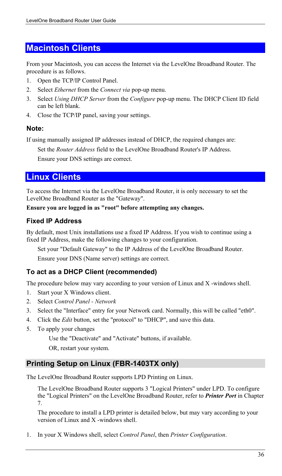 Macintosh clients, Linux clients, Macintosh clients linux clients | Printing setup on linux (fbr-1403tx only) | LevelOne FBR-1402TX User Manual | Page 39 / 92