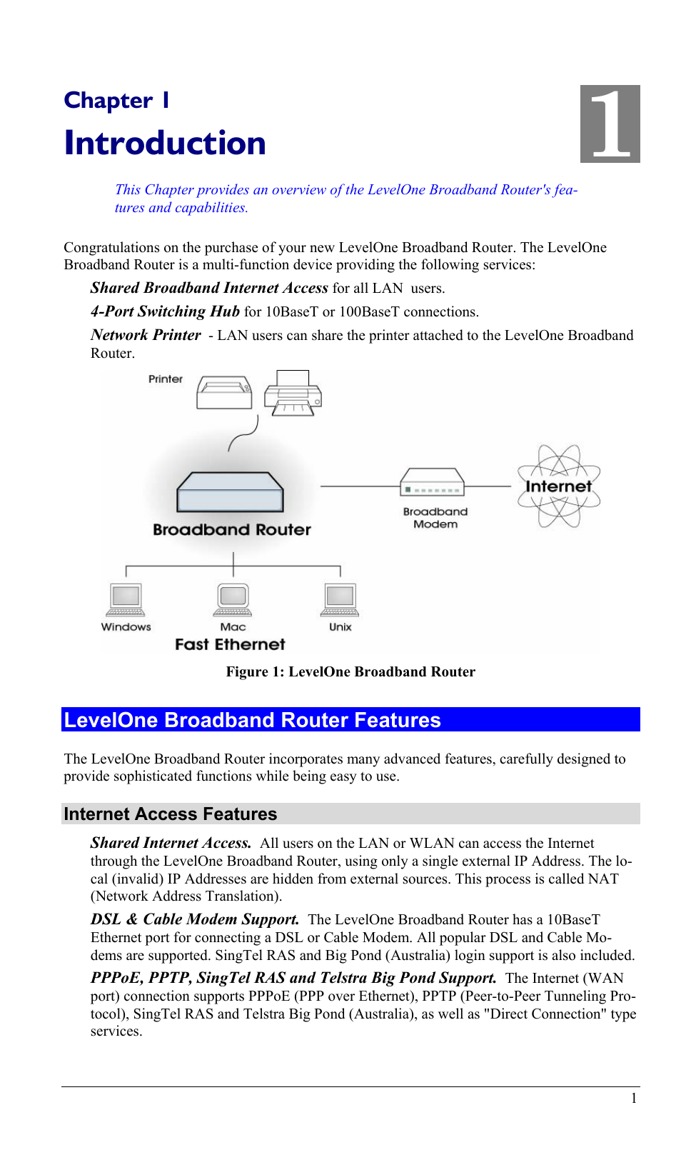 Chapter 1 introduction, Levelone broadband router features, Introduction | Chapter 1 | LevelOne FBR-1402TX User Manual | Page 4 / 92