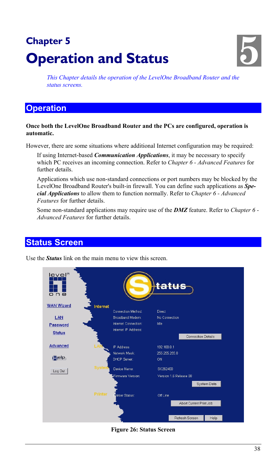 Chapter 5 operation and status, Operation, Status screen | Operation status screen, Operation and status | LevelOne FBR-1402TX User Manual | Page 41 / 92