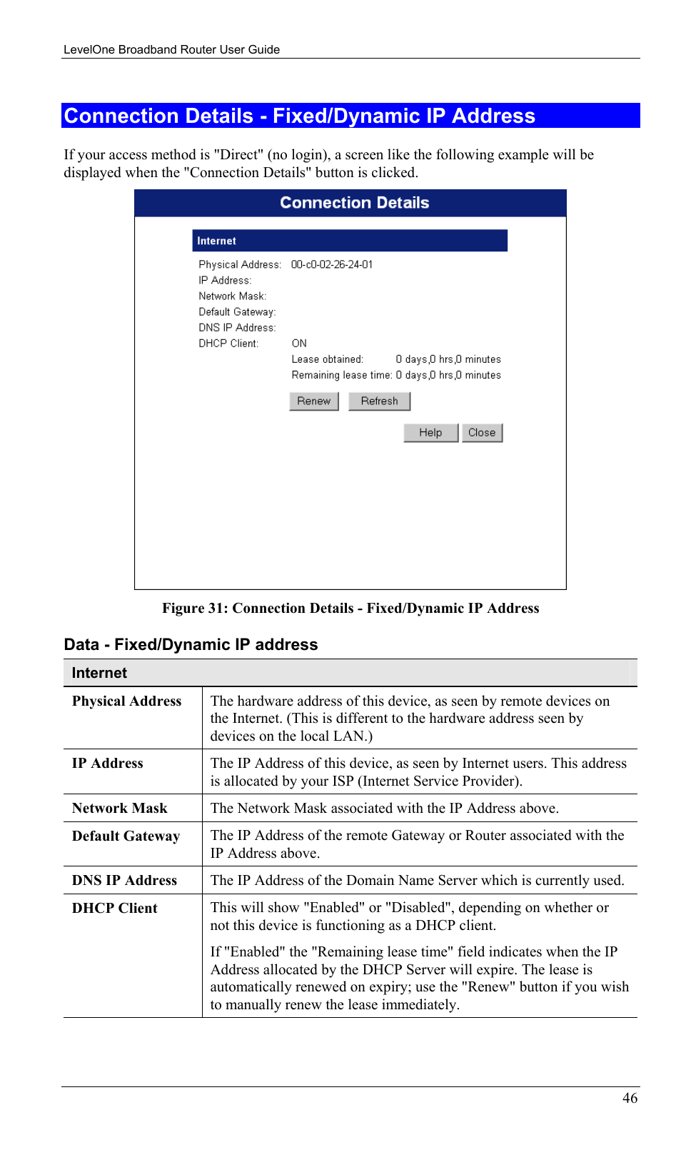 Connection details - fixed/dynamic ip address | LevelOne FBR-1402TX User Manual | Page 49 / 92