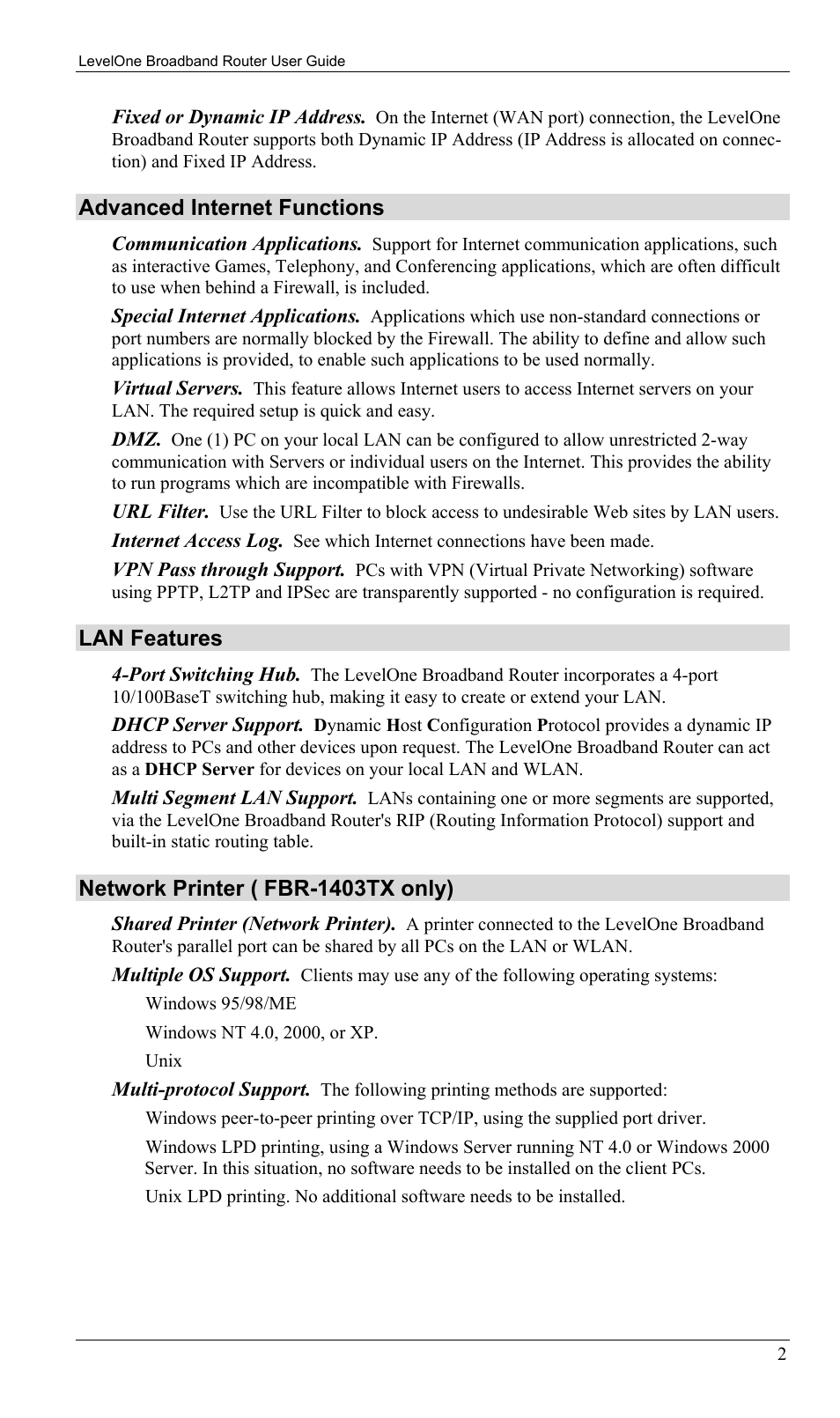 Advanced internet functions, Lan features, Network printer ( fbr-1403tx only) | LevelOne FBR-1402TX User Manual | Page 5 / 92