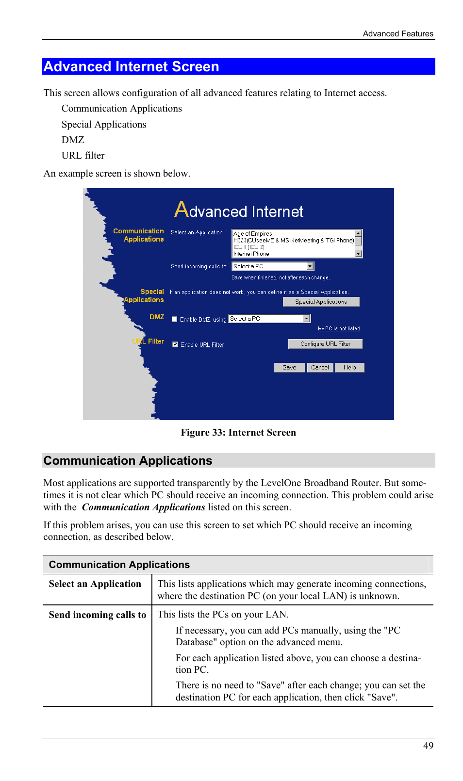 Advanced internet screen, Communication applications | LevelOne FBR-1402TX User Manual | Page 52 / 92