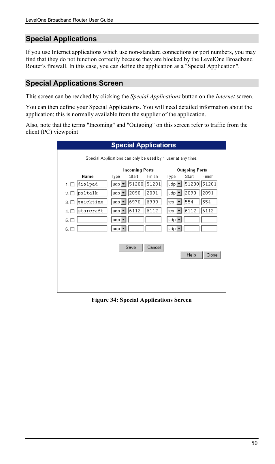 Special applications, Special applications screen | LevelOne FBR-1402TX User Manual | Page 53 / 92