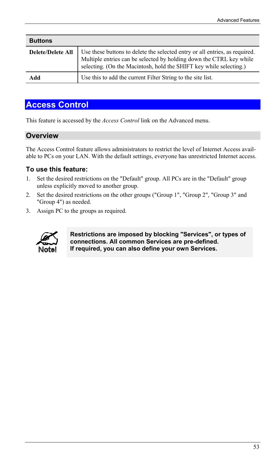 Access control, Overview | LevelOne FBR-1402TX User Manual | Page 56 / 92