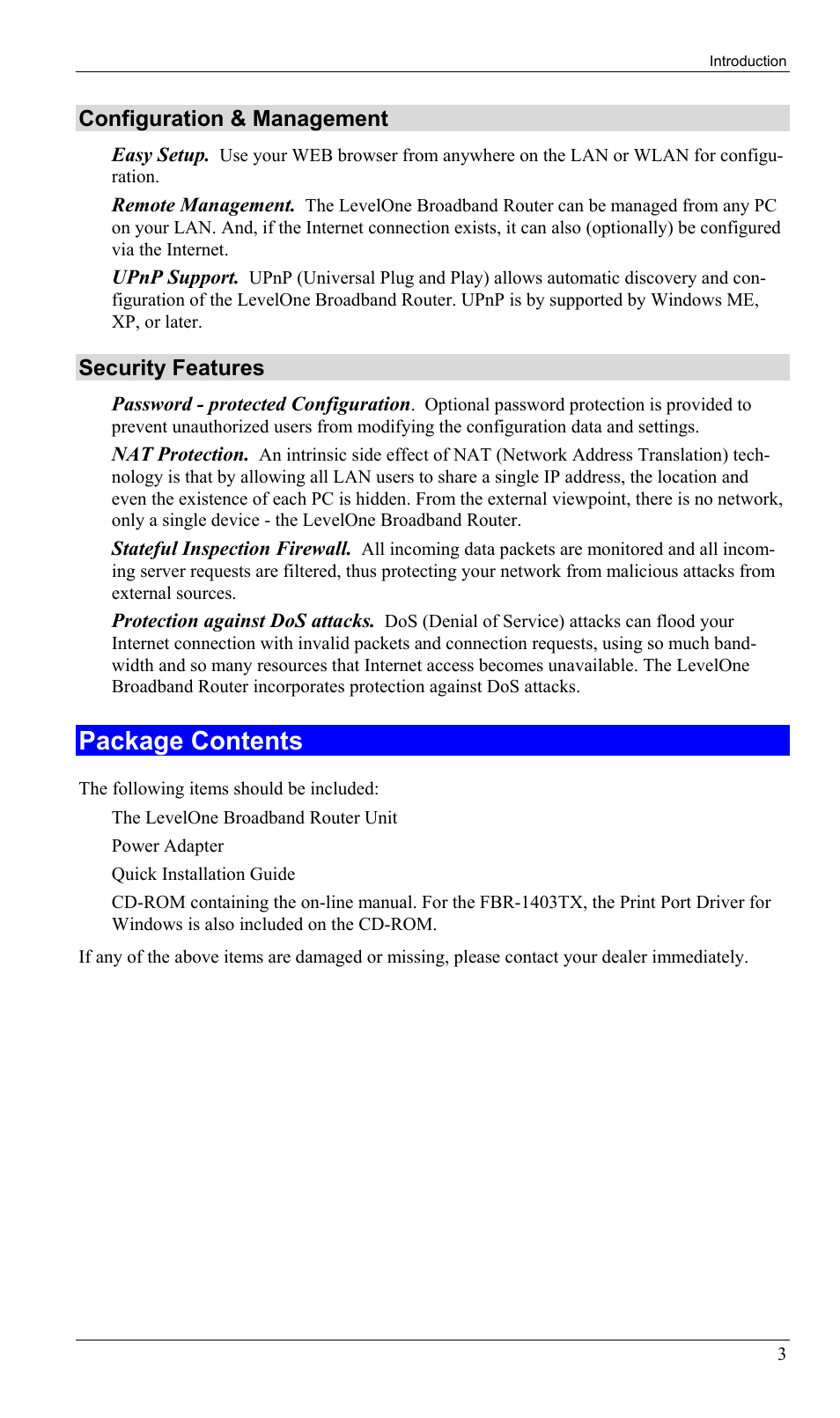 Package contents | LevelOne FBR-1402TX User Manual | Page 6 / 92