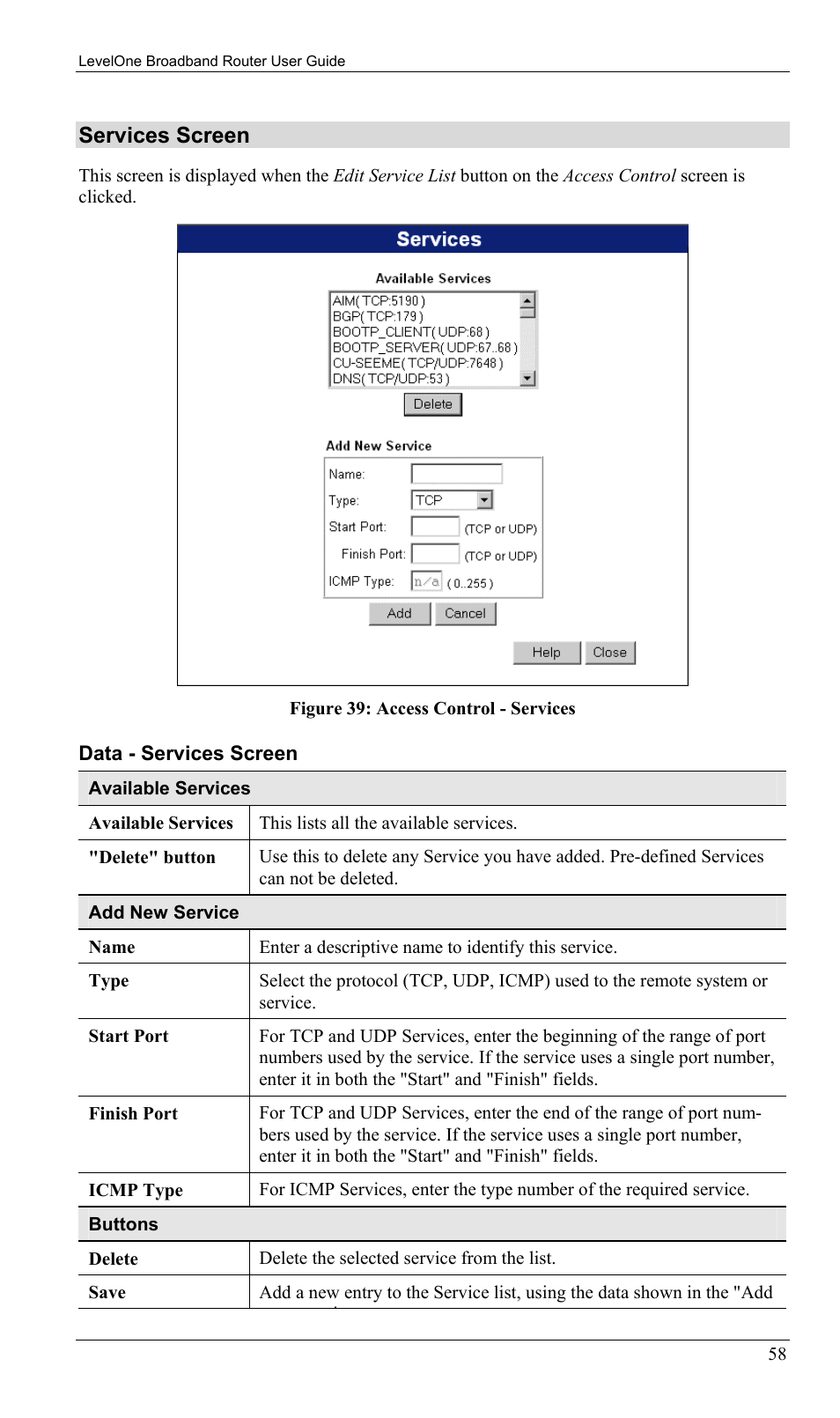 Services screen | LevelOne FBR-1402TX User Manual | Page 61 / 92