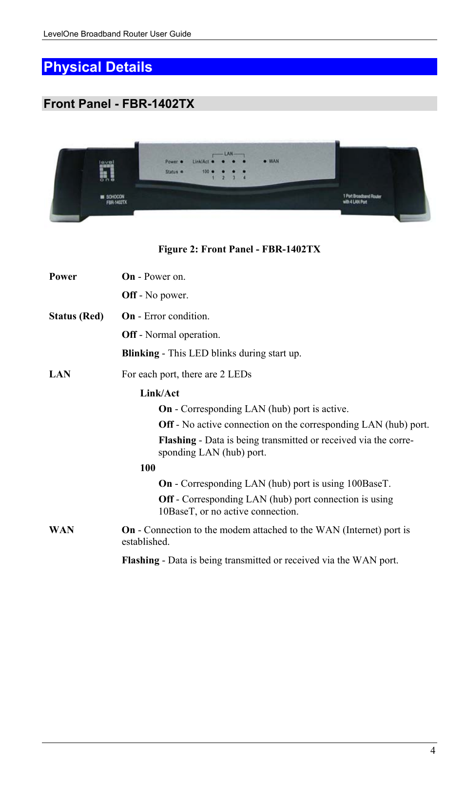 Physical details, Front panel - fbr-1402tx | LevelOne FBR-1402TX User Manual | Page 7 / 92