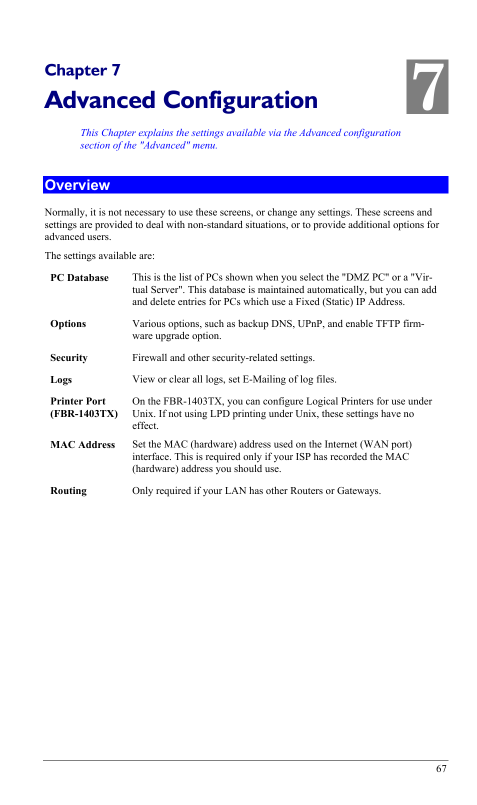 Chapter 7 advanced configuration, Overview, Advanced configuration | Chapter 7 | LevelOne FBR-1402TX User Manual | Page 70 / 92