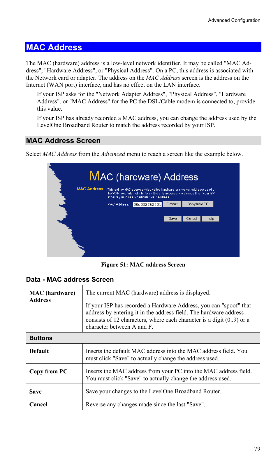 Mac address, Mac address screen | LevelOne FBR-1402TX User Manual | Page 82 / 92